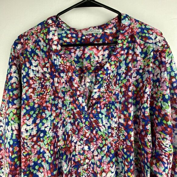 Notations Blouse Women's 3X Split Button Neck Pleated Roll Tab Sleeve Peasant - Picture 2 of 12